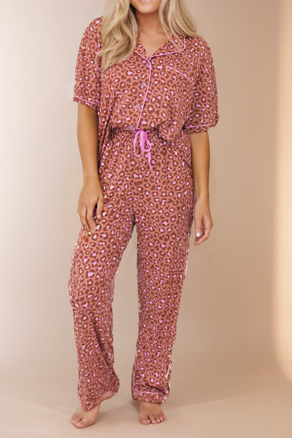 Leopard Print Short Sleeve Pant Pajama Set