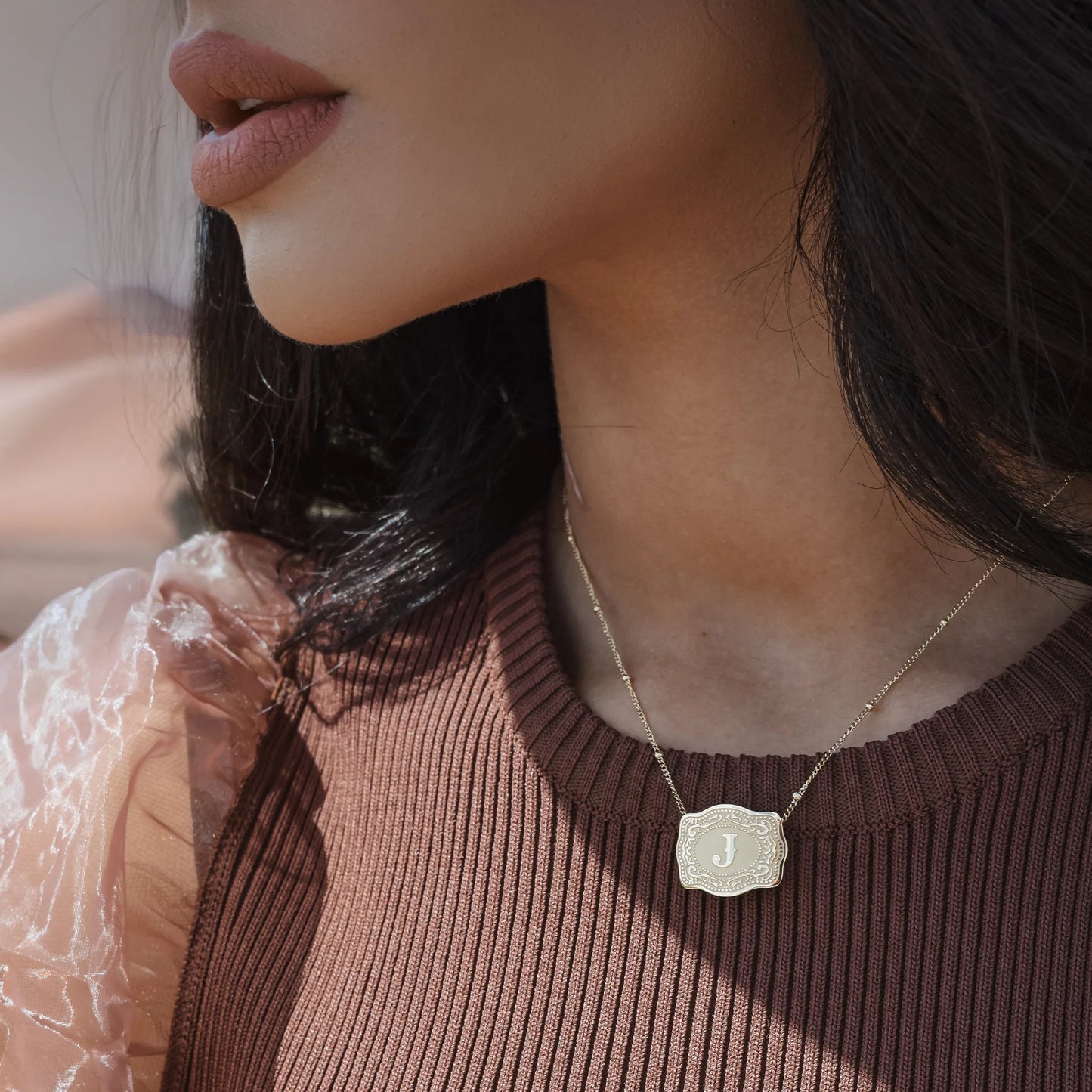 Mini Belt Buckle Inital - Gold Beaded Chain