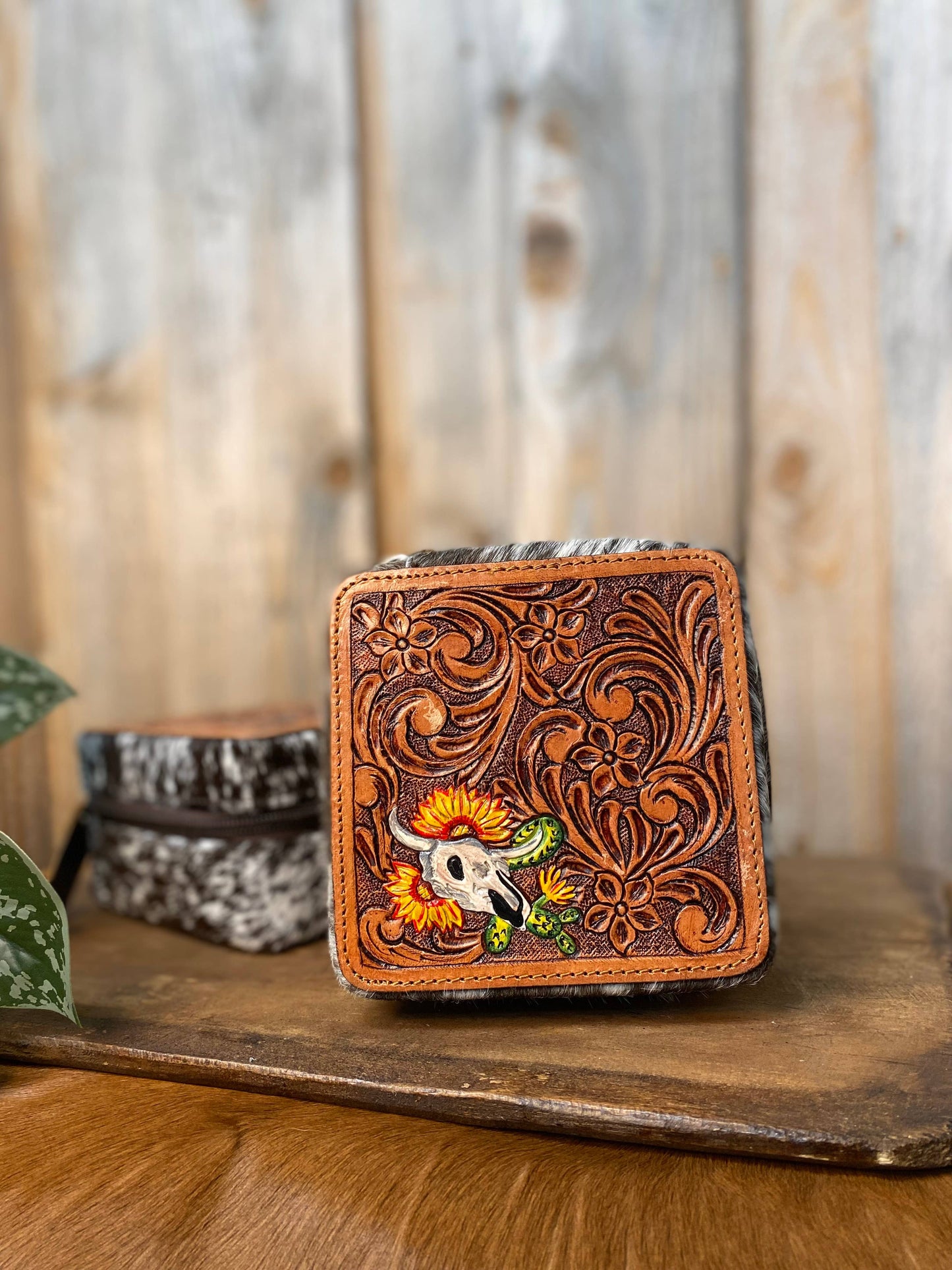 Skull and Sunflower Tooled Leather & Cowhide Jewelry Box