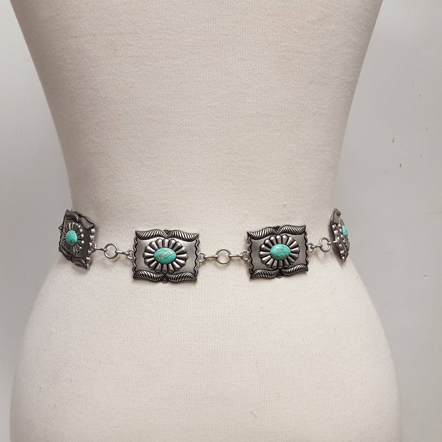 Turquoise Stone rectangular Concho Chain Belt (XS)