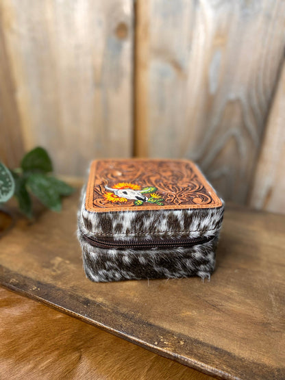 Skull and Sunflower Tooled Leather & Cowhide Jewelry Box  