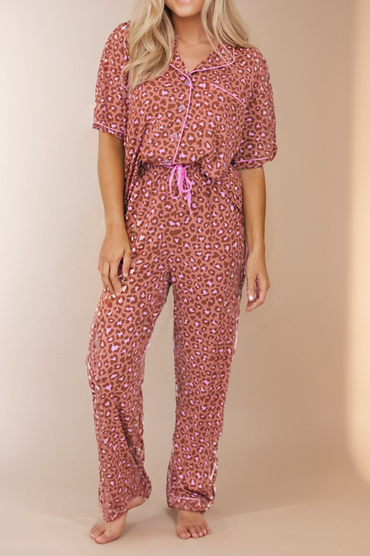 Leopard Print Short Sleeve Pant Pajama Set