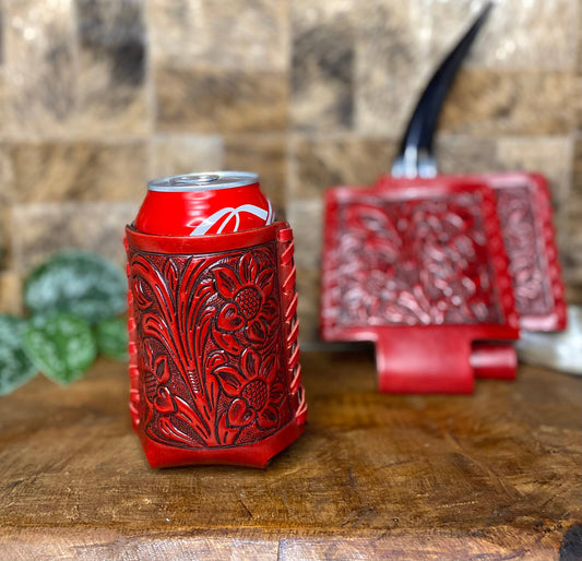 Red Tooled Floral Koozie