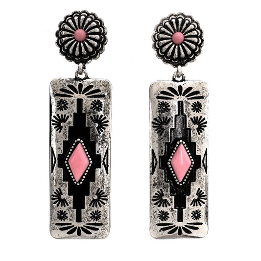 Aztec Bar Pendant Earrings: Pink