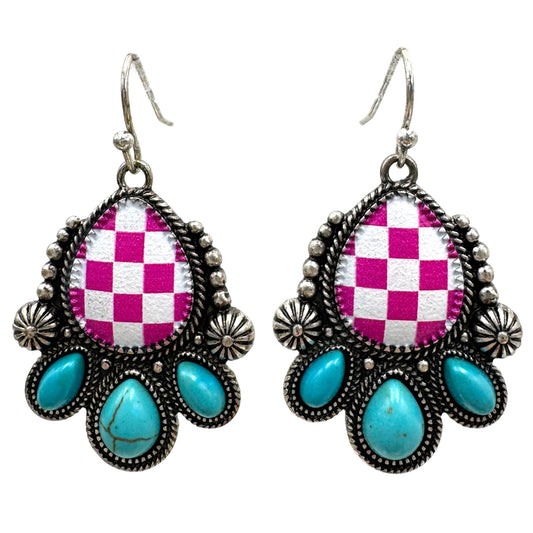 Checkered Teardrop Flower Earrings