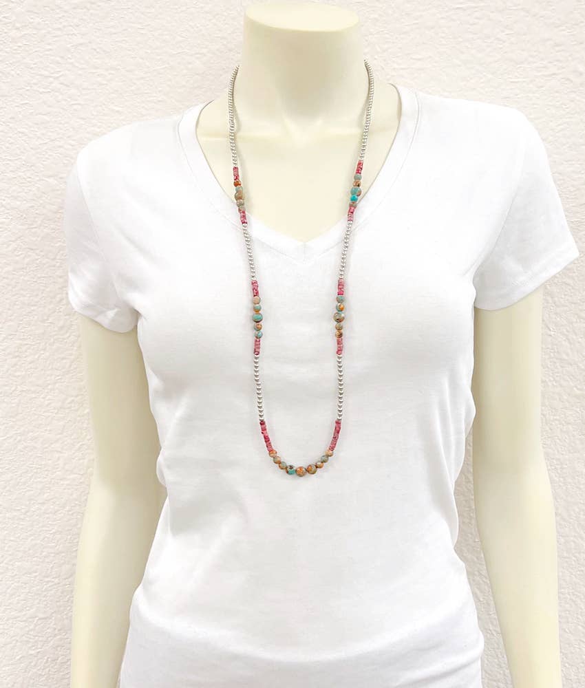 34" Handmade Silver Navajo Gemstone Necklace