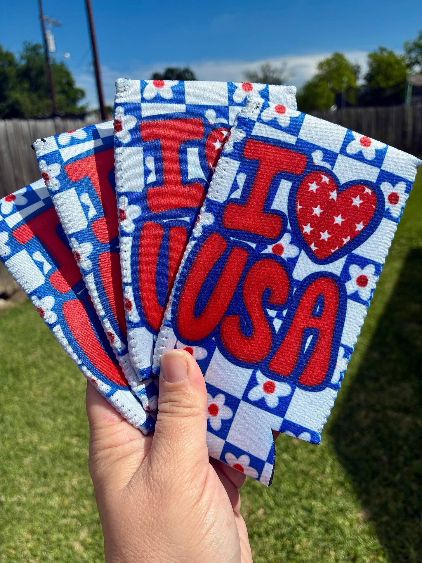 I heart USA patriotic koozies: Slims