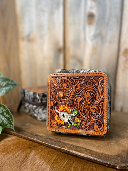 Skull and Sunflower Tooled Leather & Cowhide Jewelry Box  