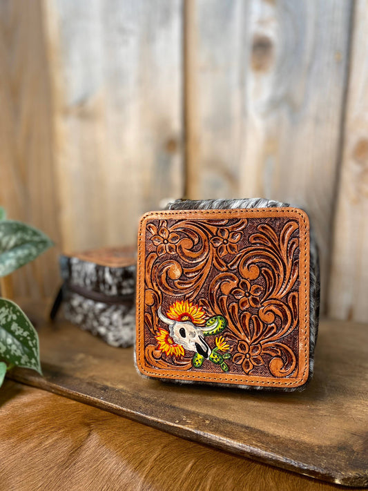 Skull and Sunflower Tooled Leather & Cowhide Jewelry Box  