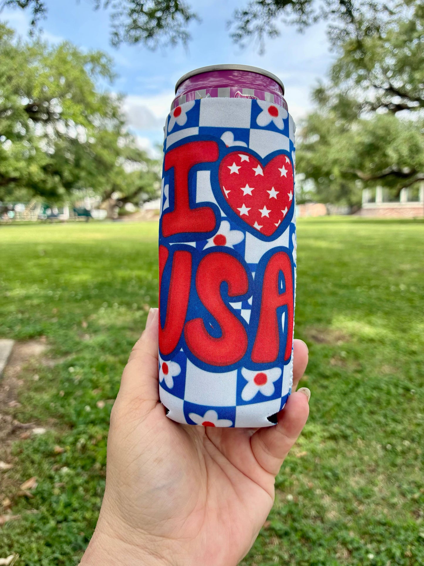 I heart USA patriotic koozies: Slims