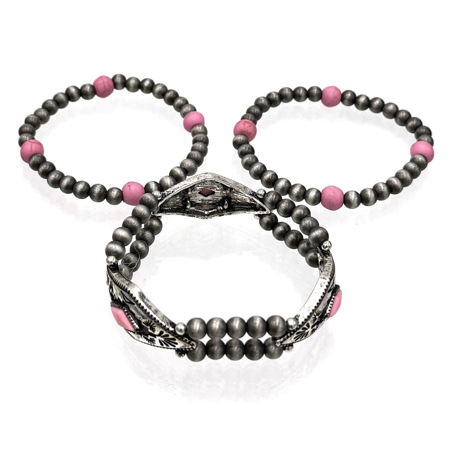 Pink Three Piece Navajo Style Bead Stretch Bracelet