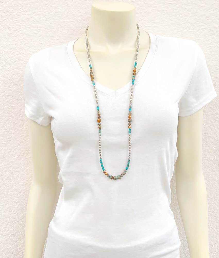 34" Handmade Silver Navajo Gemstone Necklace