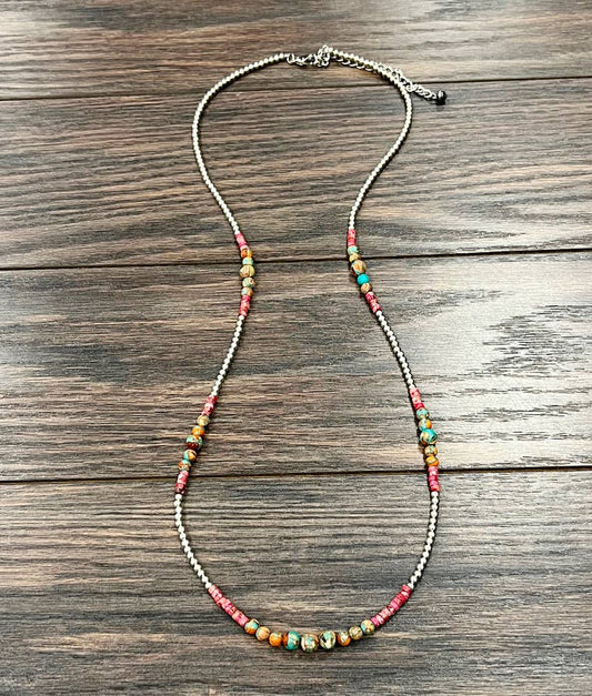 34" Handmade Silver Navajo Gemstone Necklace