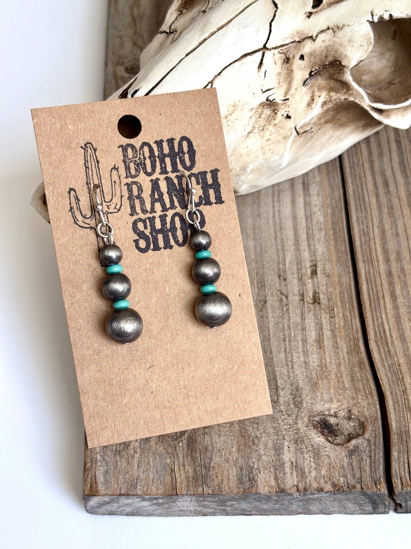 Navajo Style Pearl Bead Drop Dangle Earrings: Copper